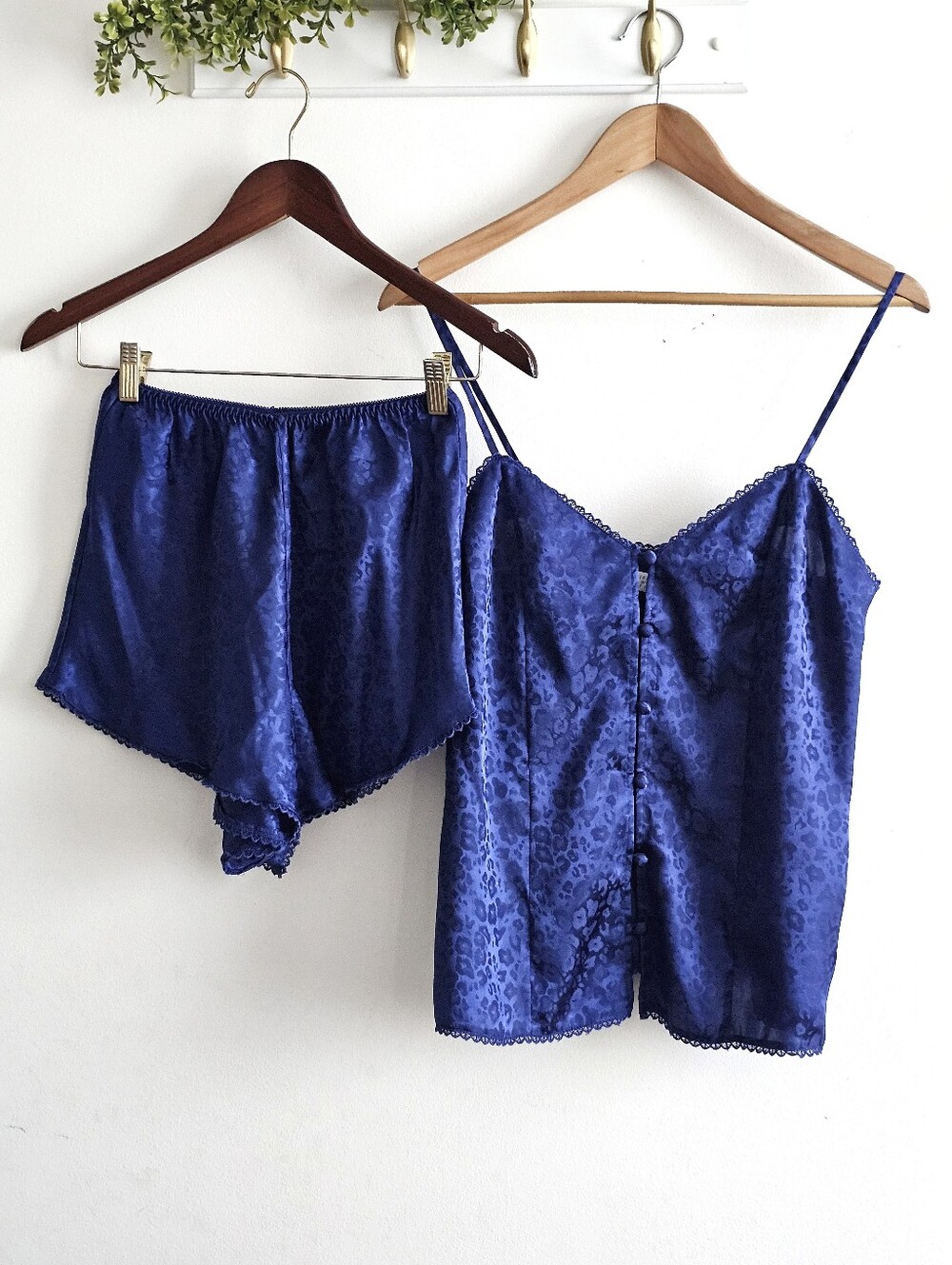 Vintage Erika Taylor Intimates Blue Satin Leopard Print Cami Shorts Pajama Set S